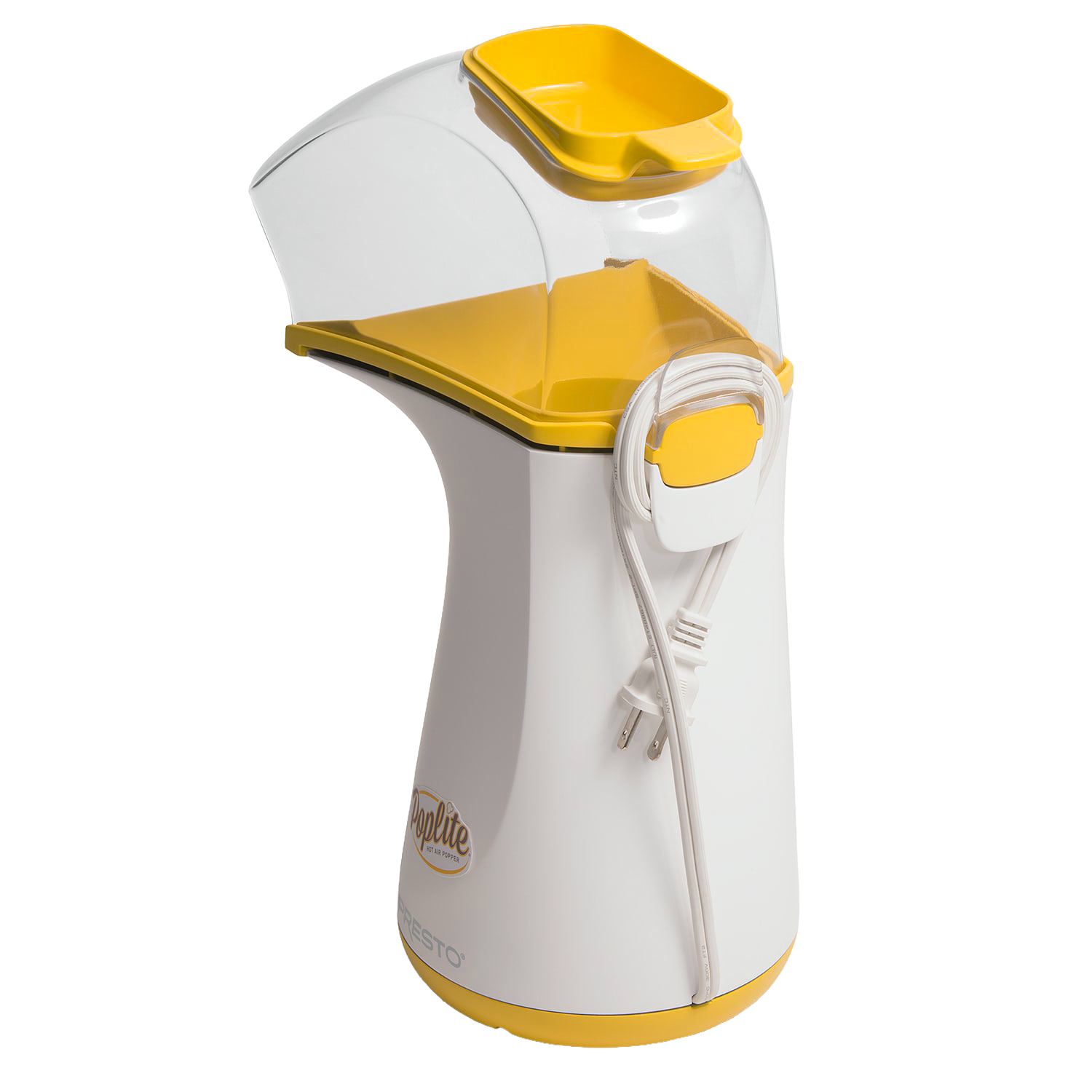 Tall white and yellow hot air popcorn popper with clear plastic cover, part of kitchen appliances and small kitchenware collections