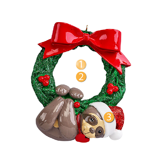 Green glitter wreath ornament with red bow and Santa hat-wearing sloth, holiday decoration under $50