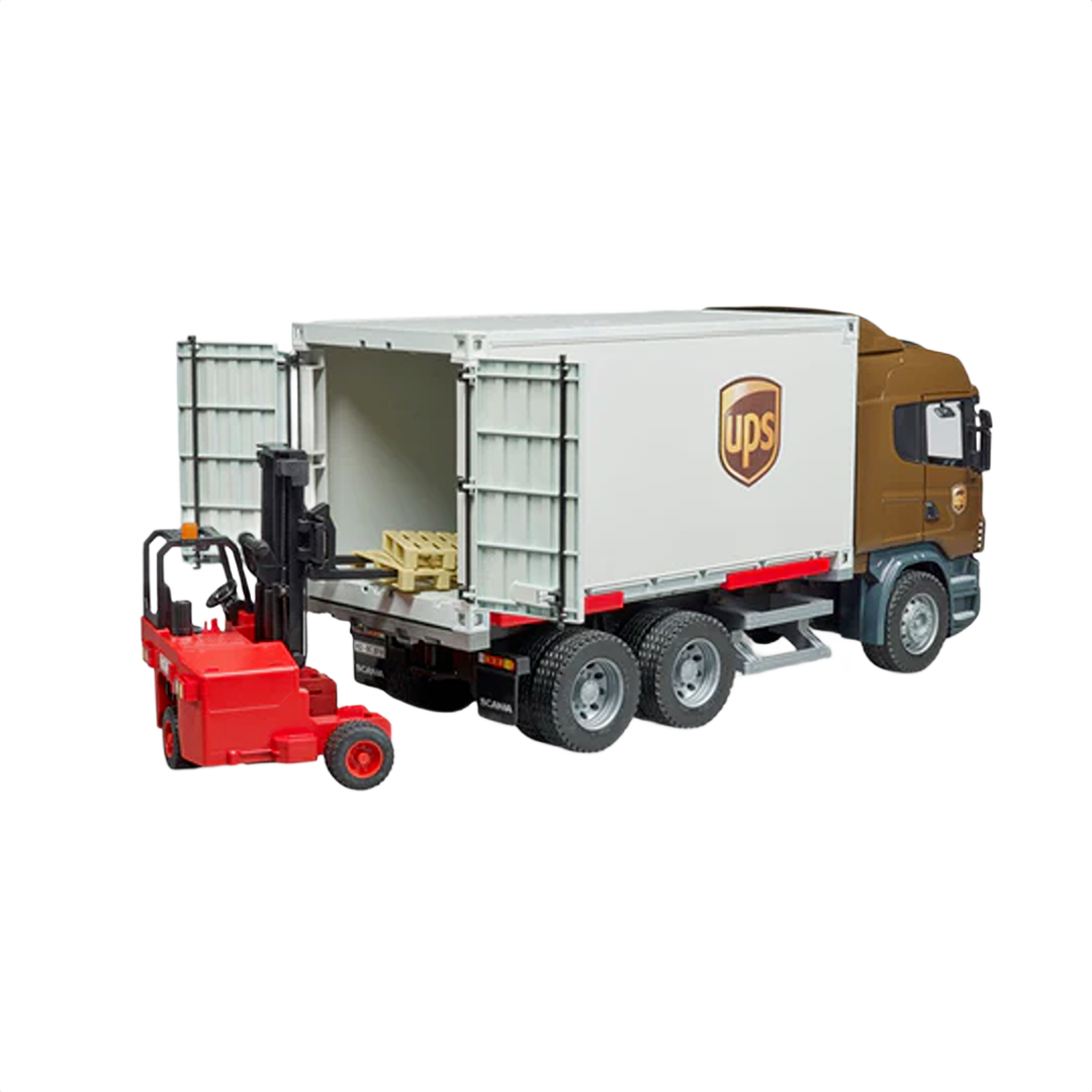 Detailed model of a UPS logistics truck with open cargo doors and a red forklift in the Bruder Toys collection