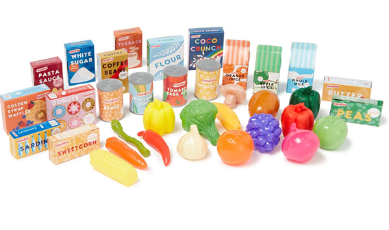 36-piece grocery play set featuring toy fruits, vegetables, canned goods, and boxed food for imaginative play in Toys & Games