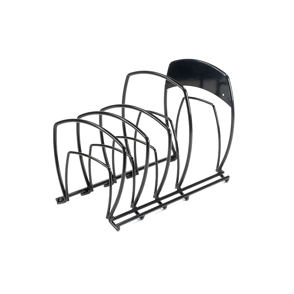 Metal 5-tier cookware organizer rack for kitchen storage and organization, suitable for pans and lids under $50.
