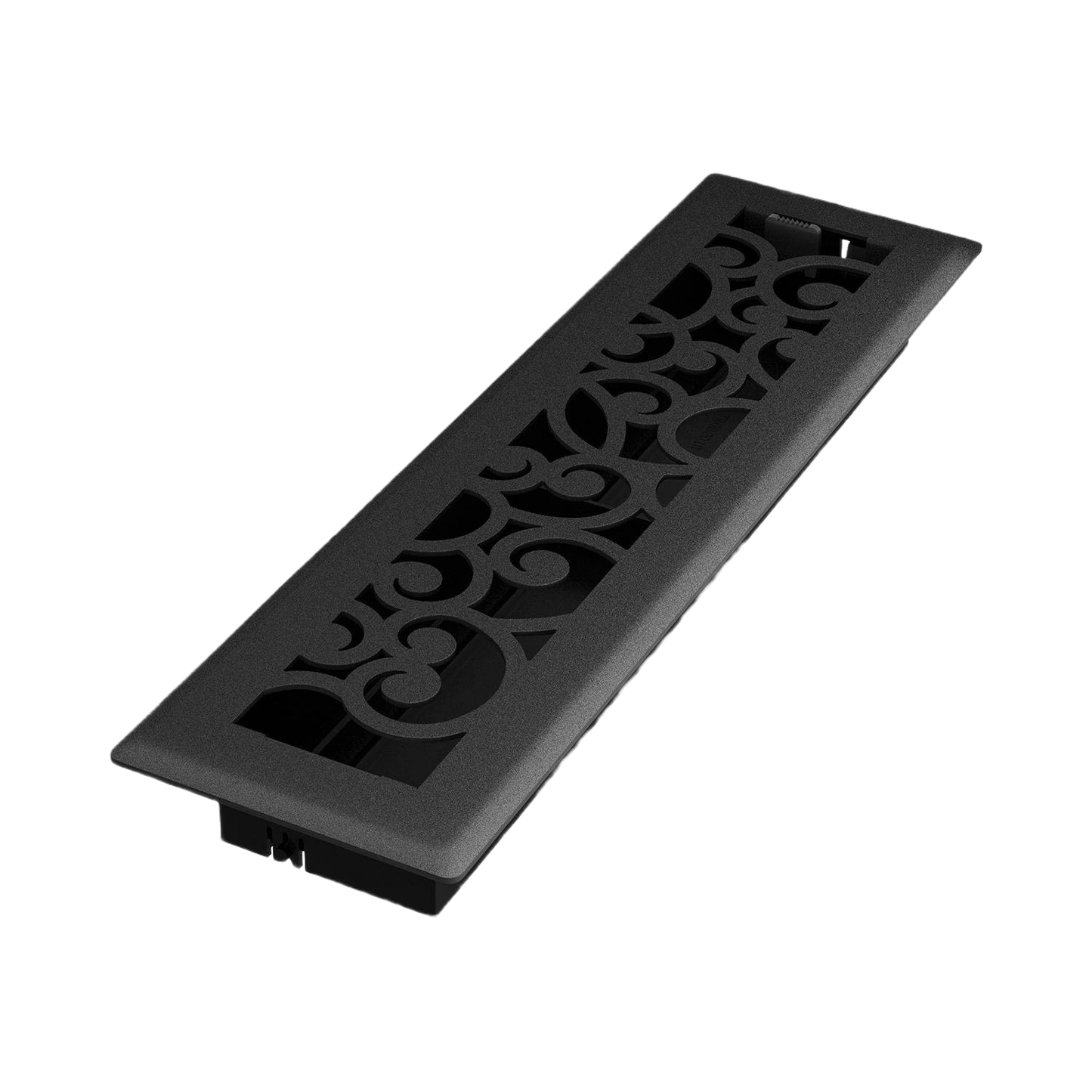 Black iron floor register with decorative scrollwork pattern for plumbing and home improvement ventilation needs