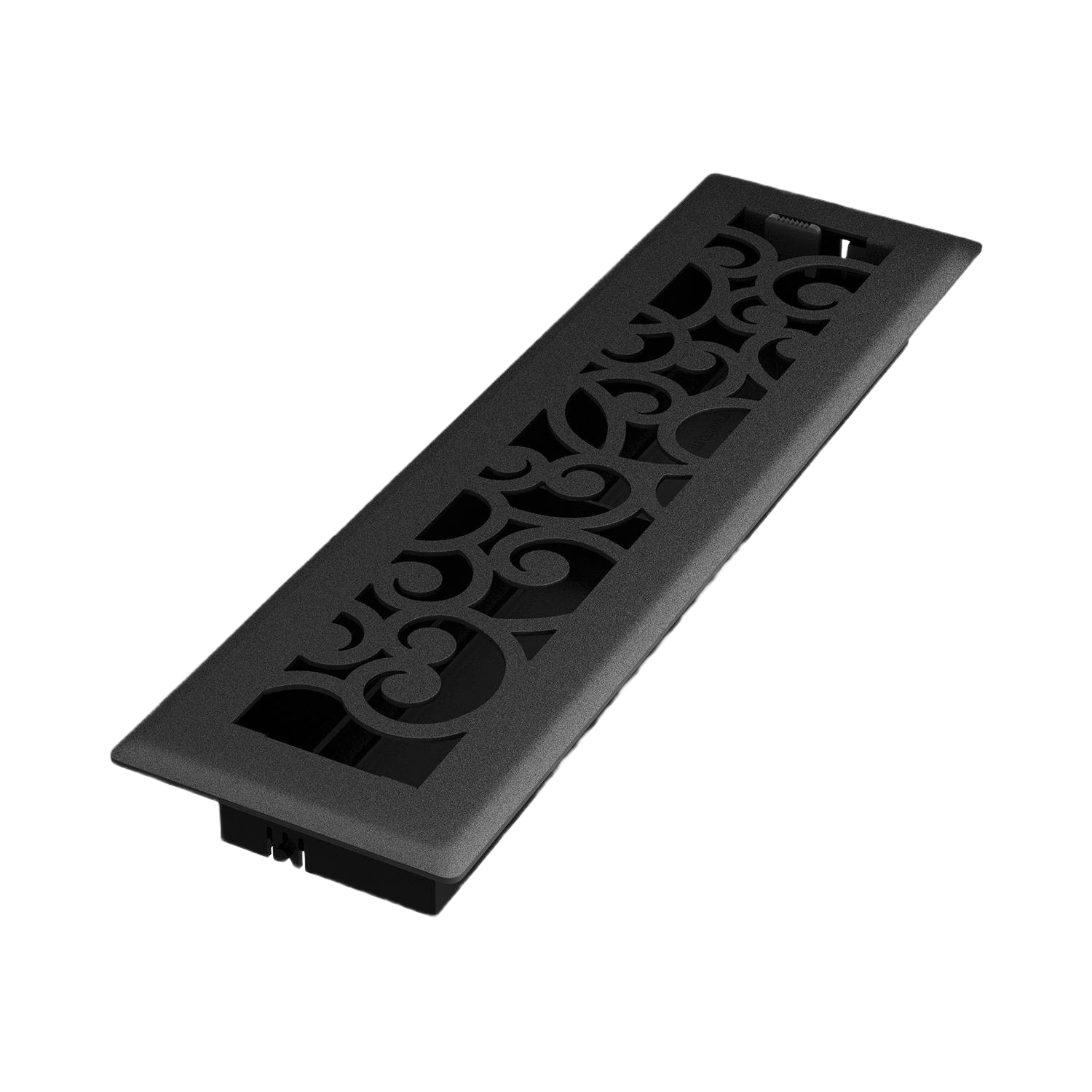 Black iron floor register with decorative scrollwork pattern for plumbing and home improvement ventilation needs