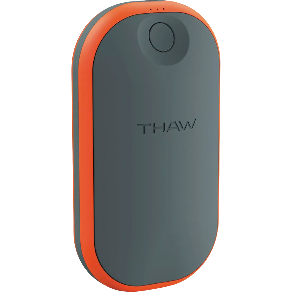 Compact rechargeable hand warmer in gray with orange trim, ideal for Accessories and Clothing & Shoes collections under $50.
