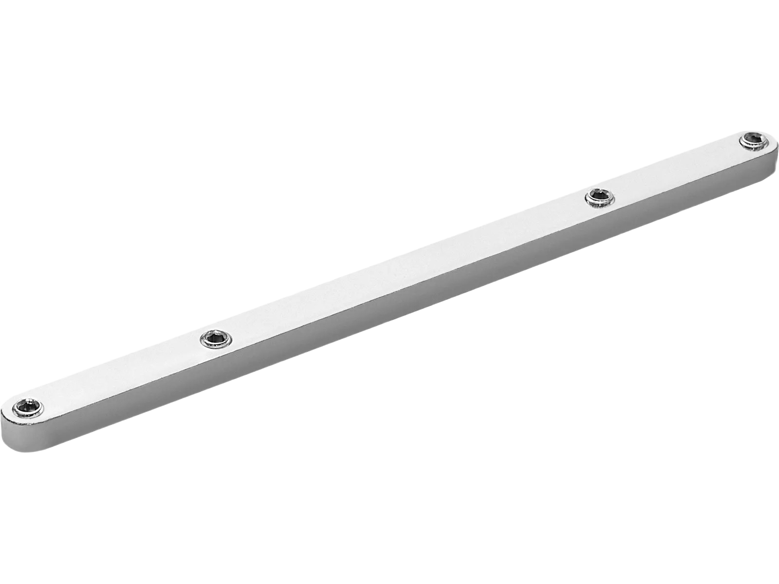 Long metal connector bar with screw holes for joining multifunction woodworking tables and tool accessories