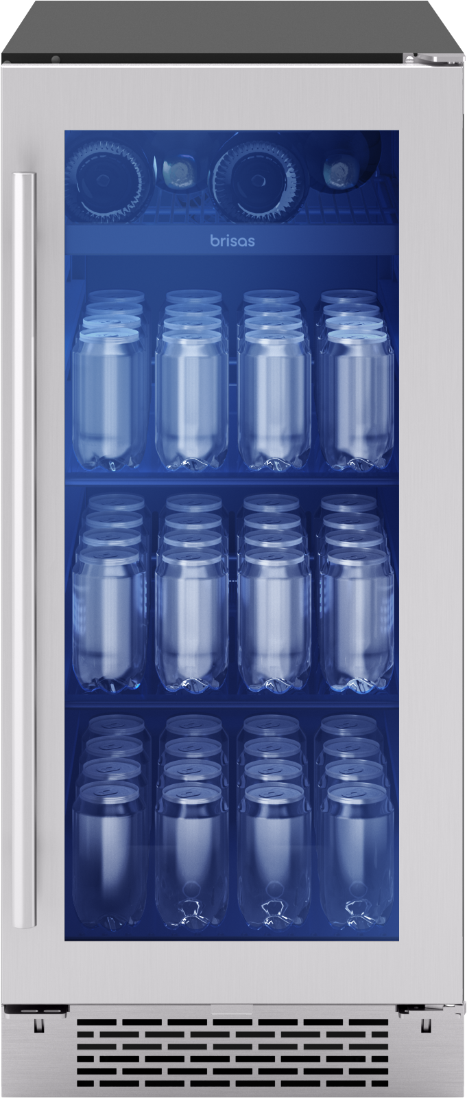 Under-counter stainless steel beverage cooler with glass door showcasing neatly arranged cans and bottles, part of Refrigerators, Kitchen & Kitchenware, Beverage Centers, Appliances collections.