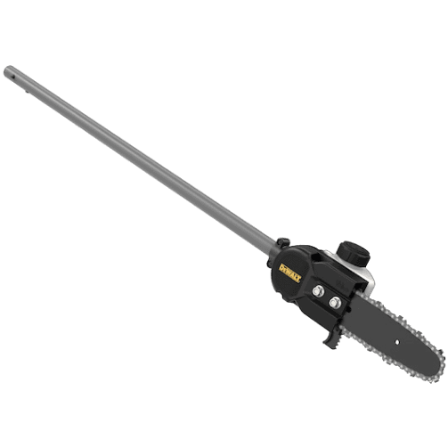 Long gray pole saw attachment with 8-inch bar and chain for outdoor power trimming and pole saw collections