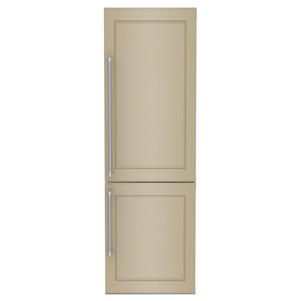 Beige built-in bottom mount refrigerator with panel-ready doors and stainless steel handles in KitchenAid Appliances collection