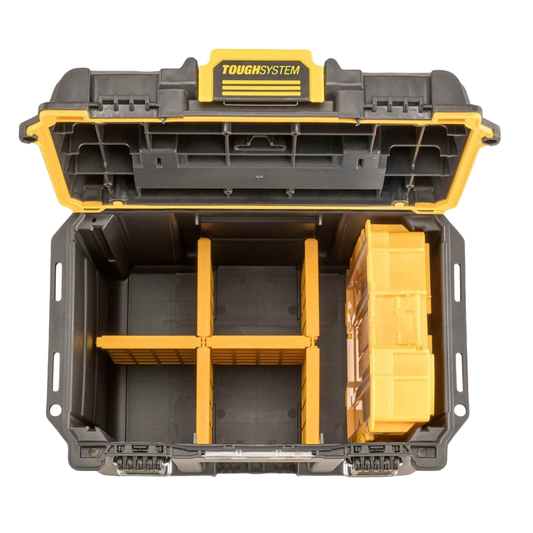 Open black and yellow compact toolbox with adjustable compartments for organized tool storage and jobsite use