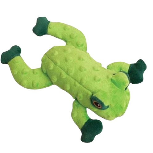 Soft green frog-shaped plush dog toy with textured surface, squeaker, and crinkle material in Pet & Animal collection