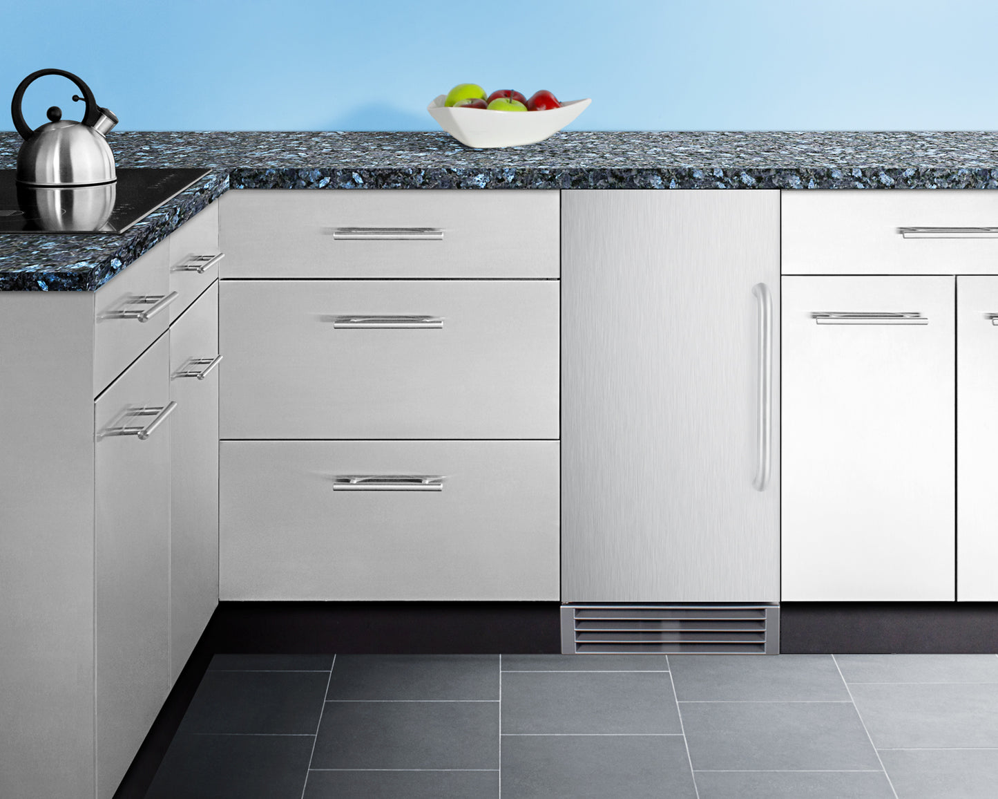 Built-in icemaker with stainless steel door, right-hand swing, integrated under gray granite countertop in modern kitchen setting, part of Refrigerators, Kitchen & Kitchenware, All Products, Appliances collections.