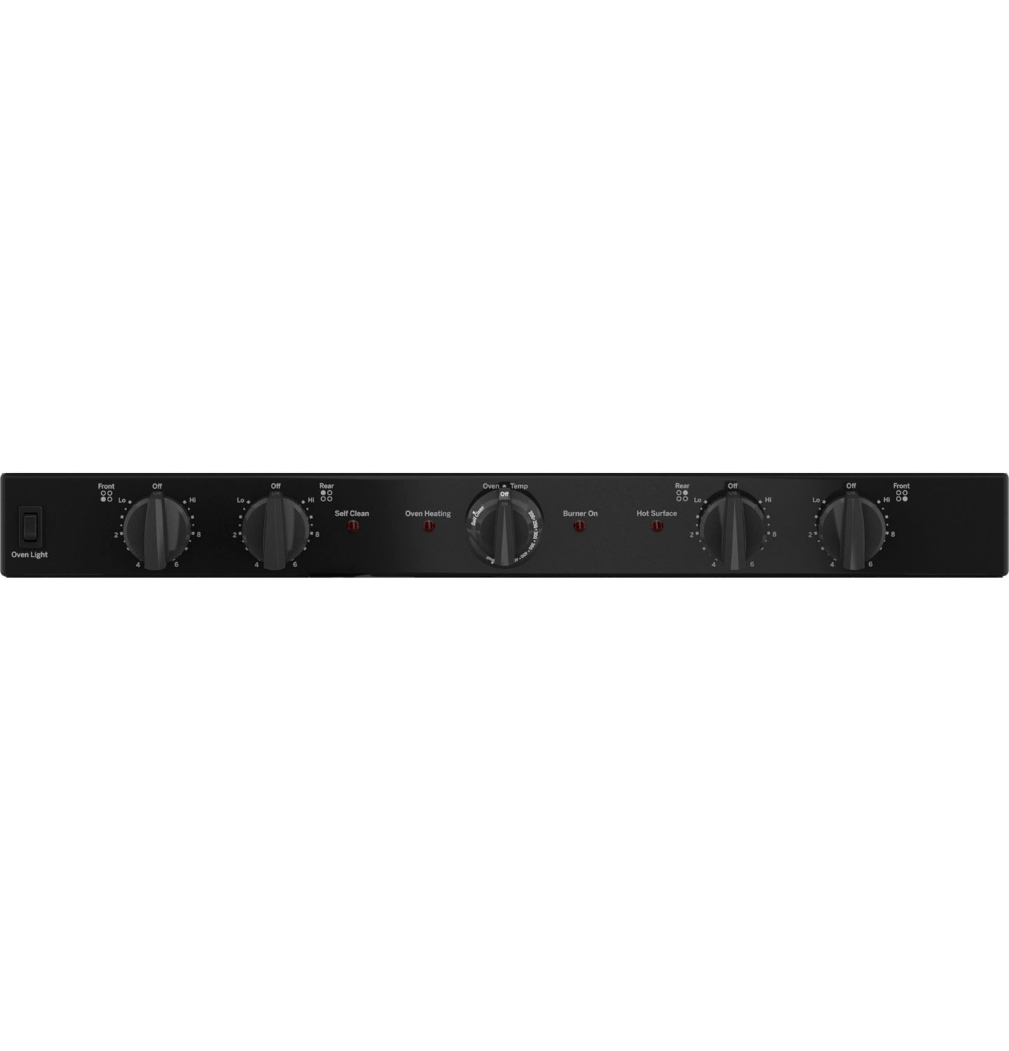 Control panel with five black knobs for GE electric radiant smooth cooktop range in kitchen appliances collection