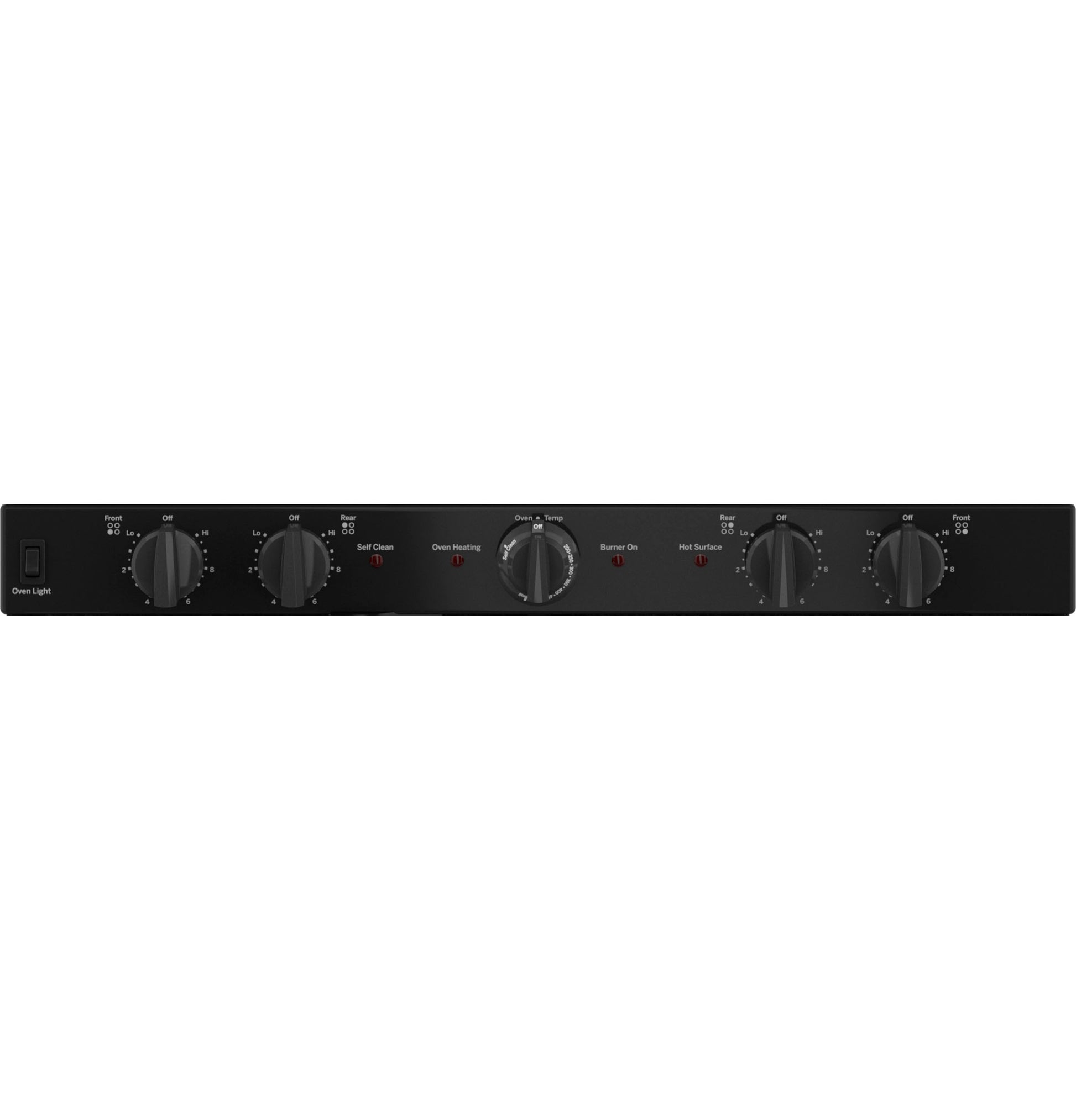 Control panel with five black knobs for GE electric radiant smooth cooktop range in kitchen appliances collection