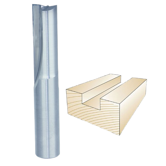 Solid carbide straight router bit alongside a wood groove example for tool accessories and home improvement projects