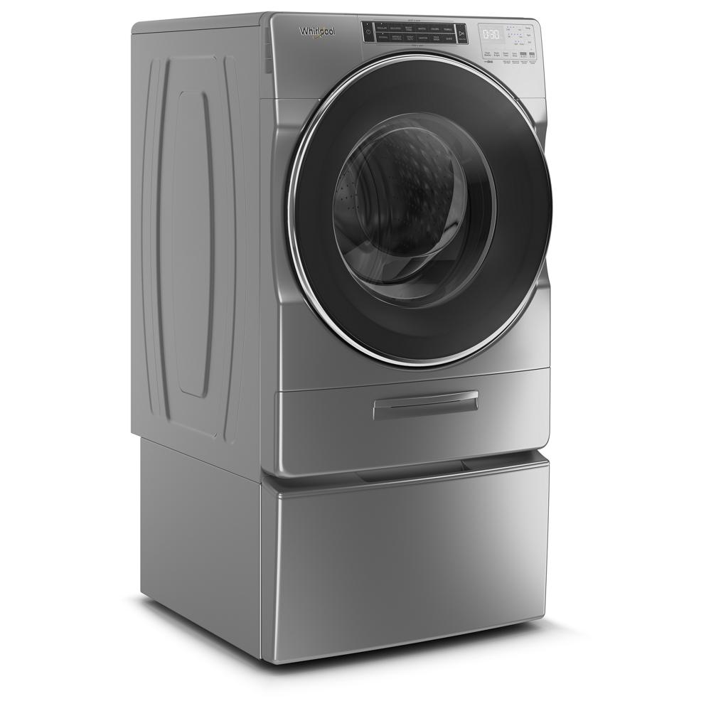 Silver front load washer with large circular door and digital control panel in washers and appliances collection