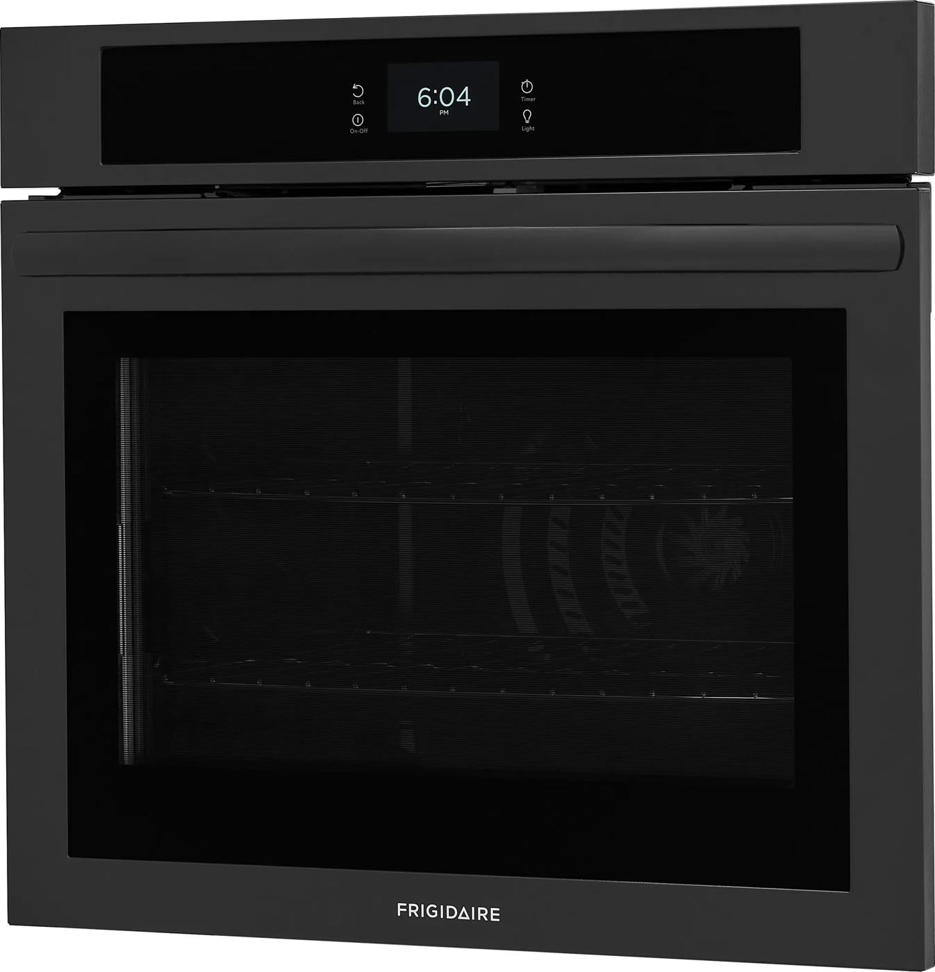Modern black single electric wall oven with digital touchscreen control panel in kitchen appliances collection