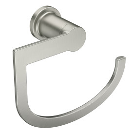 Brushed nickel hand towel ring with modern curved design for tools and home improvement applications
