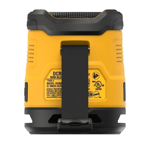 Compact yellow and black rechargeable Bluetooth speaker with rear strap designed for tools and home improvement use