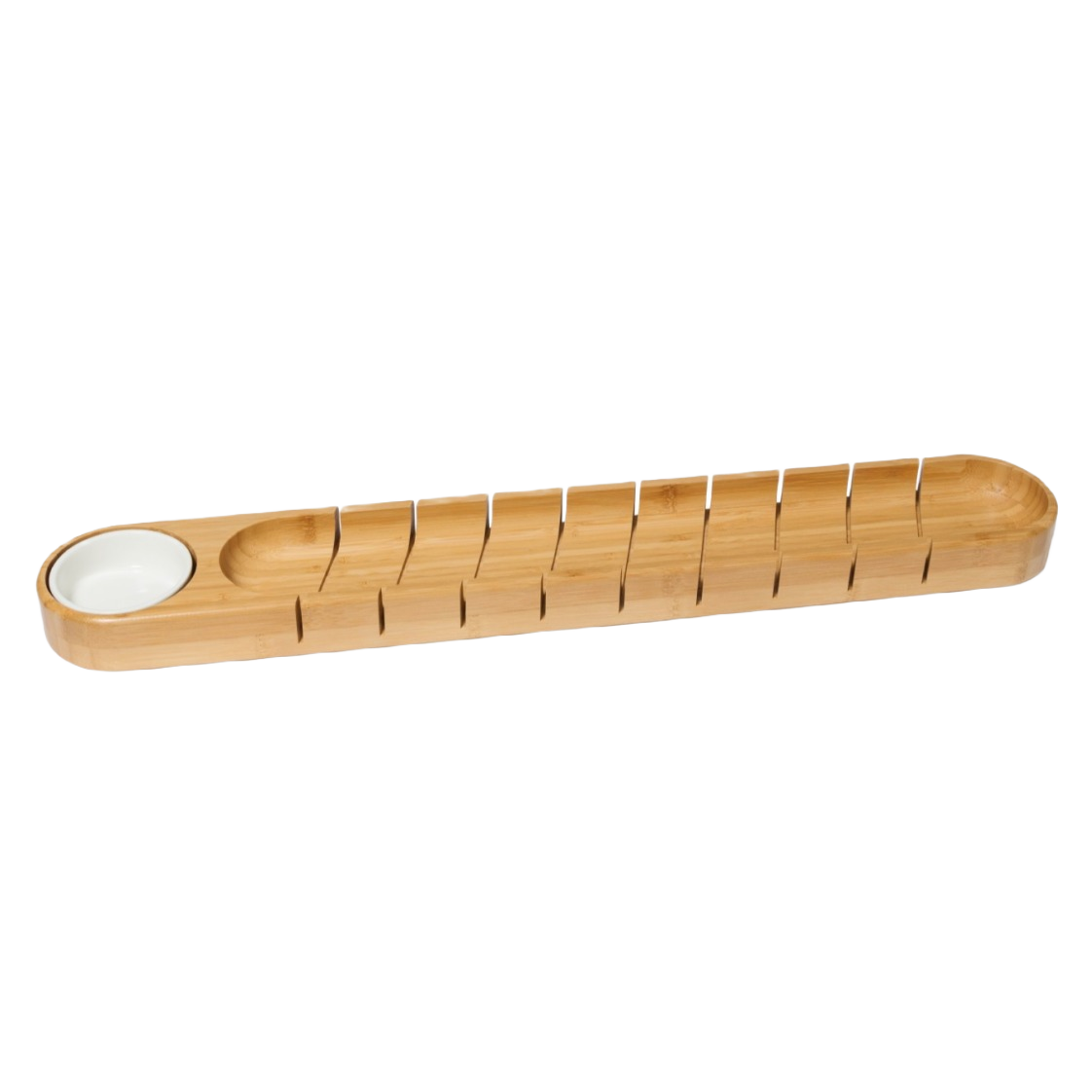 Long bamboo bread bowl with grooves for slicing baguettes and a ceramic dip bowl for serving under 50 kitchenware tools