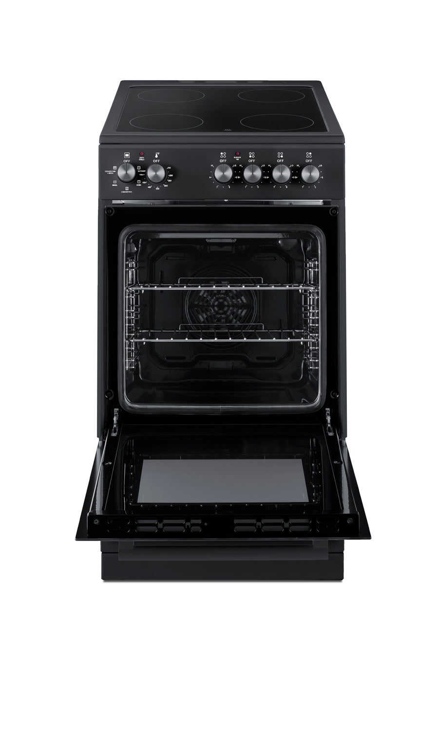 black electric smooth-top range with oven door open showing racks for compact kitchens and home improvement tools