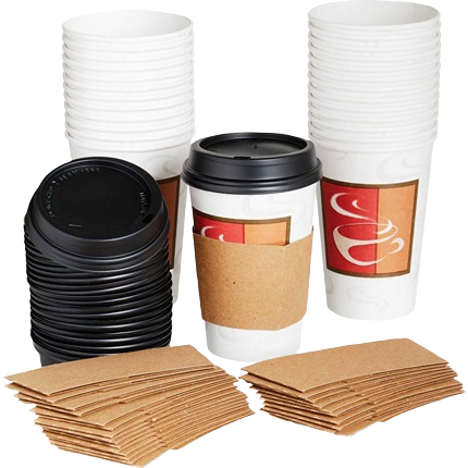 Set of disposable white beverage cups with black lids and cardboard sleeves for hot and cold drinks in kitchenware collections