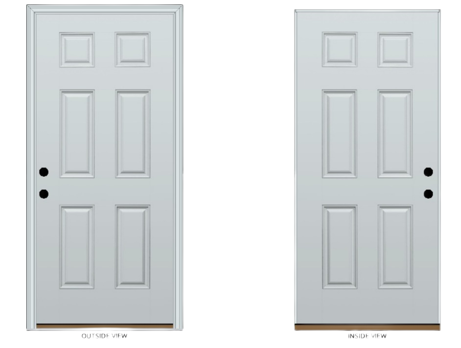 Two white six-panel fiberglass entry doors showing right hand and left hand inswing styles for home improvement projects
