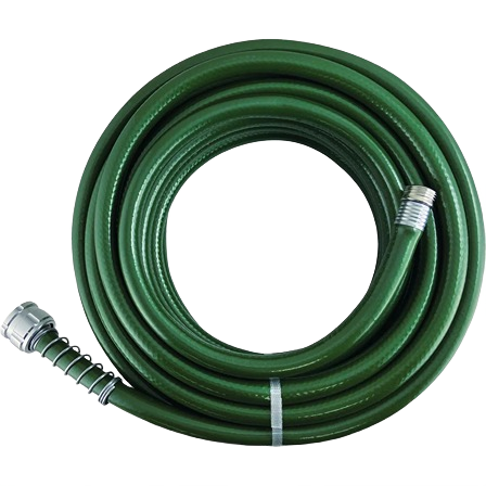 Coiled heavy duty green garden hose with metal fittings for outdoor watering and home improvement tasks