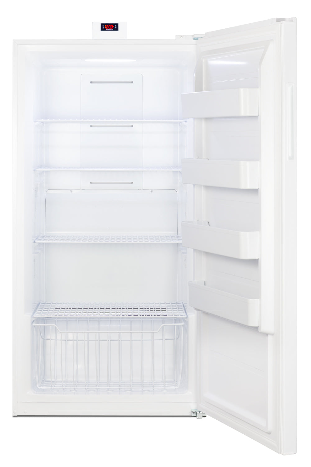 Open white upright all-freezer showing multiple wire shelves and door bins with digital temperature control display