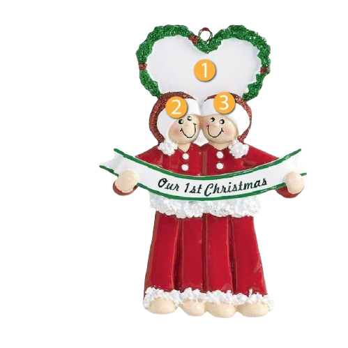 Personalized male couple ornament in red outfits holding "Our 1st Christmas" banner with green wreath from holiday collection