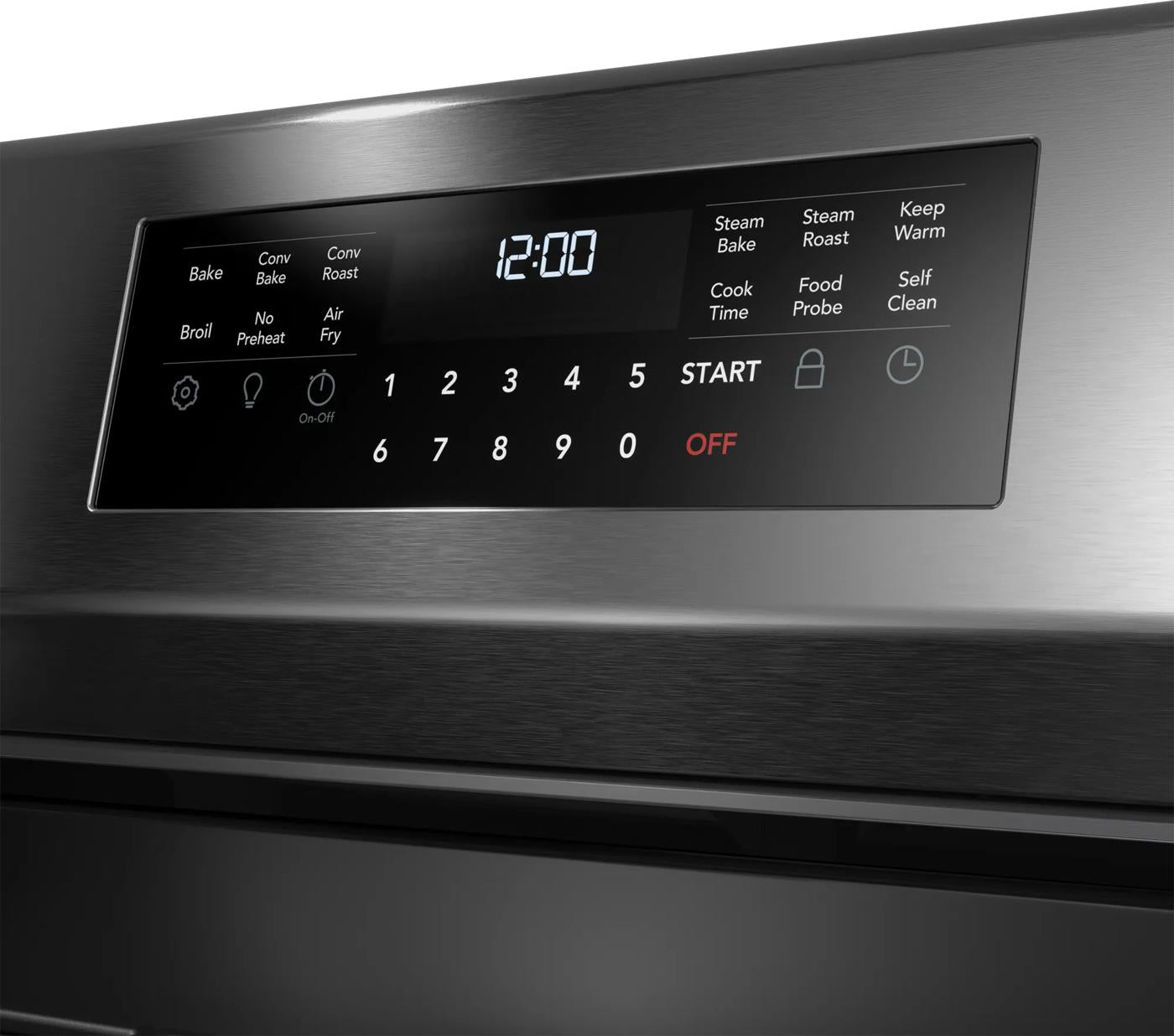 Close-up of digital control panel displaying multiple cooking modes on stainless steel gas range in kitchen appliances collection
