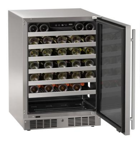 Stainless steel 24 inch wine refrigerator with glass door and metal shelves in kitchen appliances collection