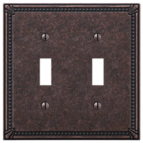 Tumbled antique bronze wallplate with imperial bead edging, designed for toggle switches in electrical and home improvement collections under $50