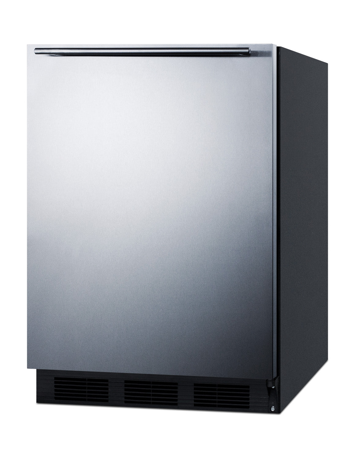 Built-in undercounter refrigerator with stainless steel front, horizontal handle, and black cabinet in kitchen appliances collection