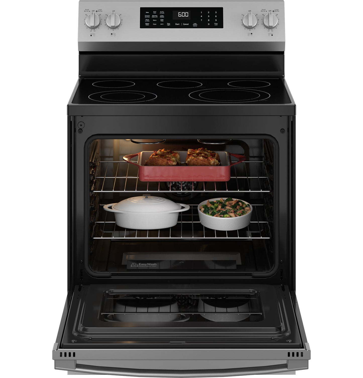 Open electric convection range from kitchen appliances collection with food cooking inside oven and digital control panel