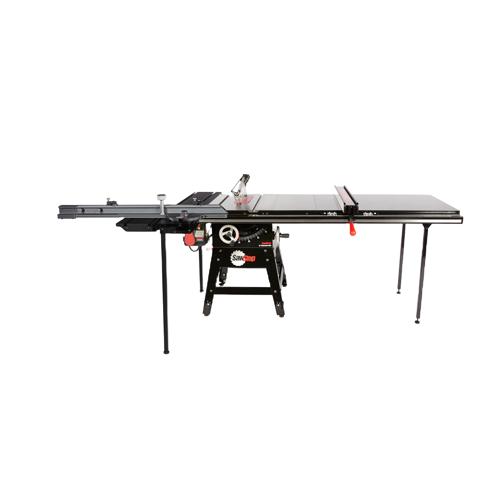 Black and silver 10-inch contractor saw with sturdy metal legs for woodworking in power tools and SawStop collections