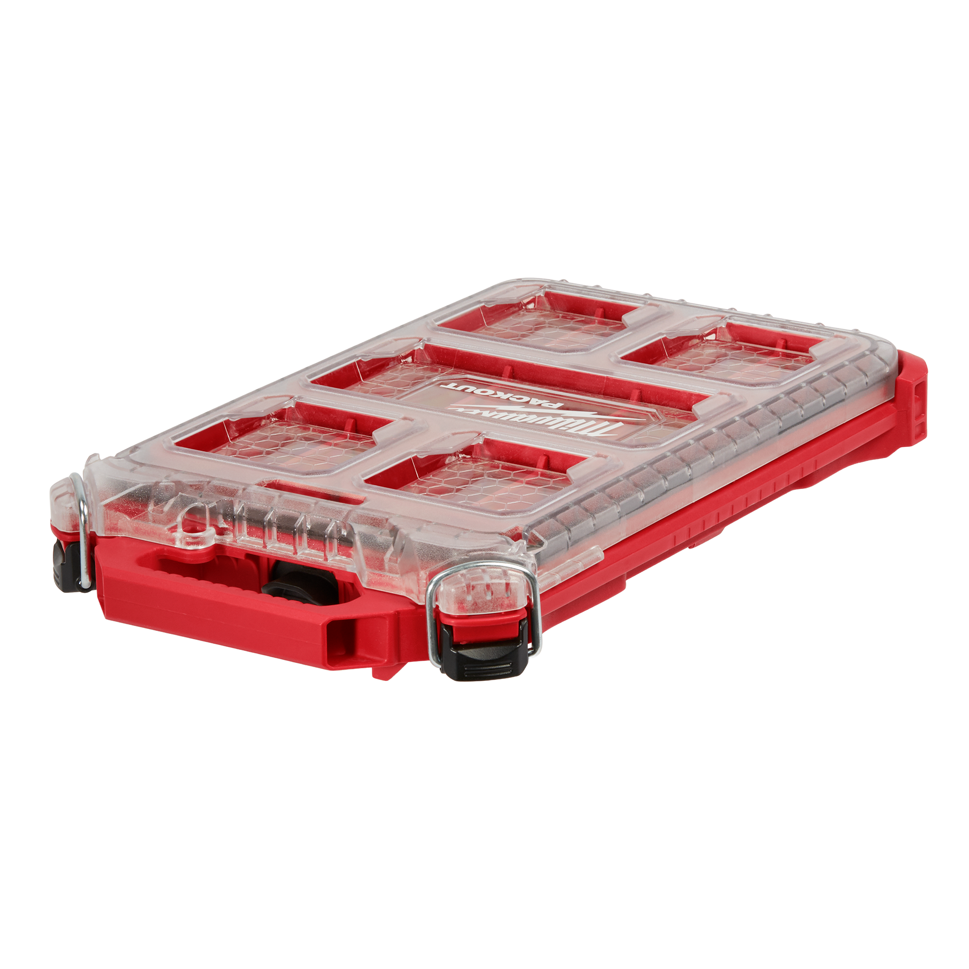 Low-profile compact organizer with transparent lid and red base for tool storage and workshop organization