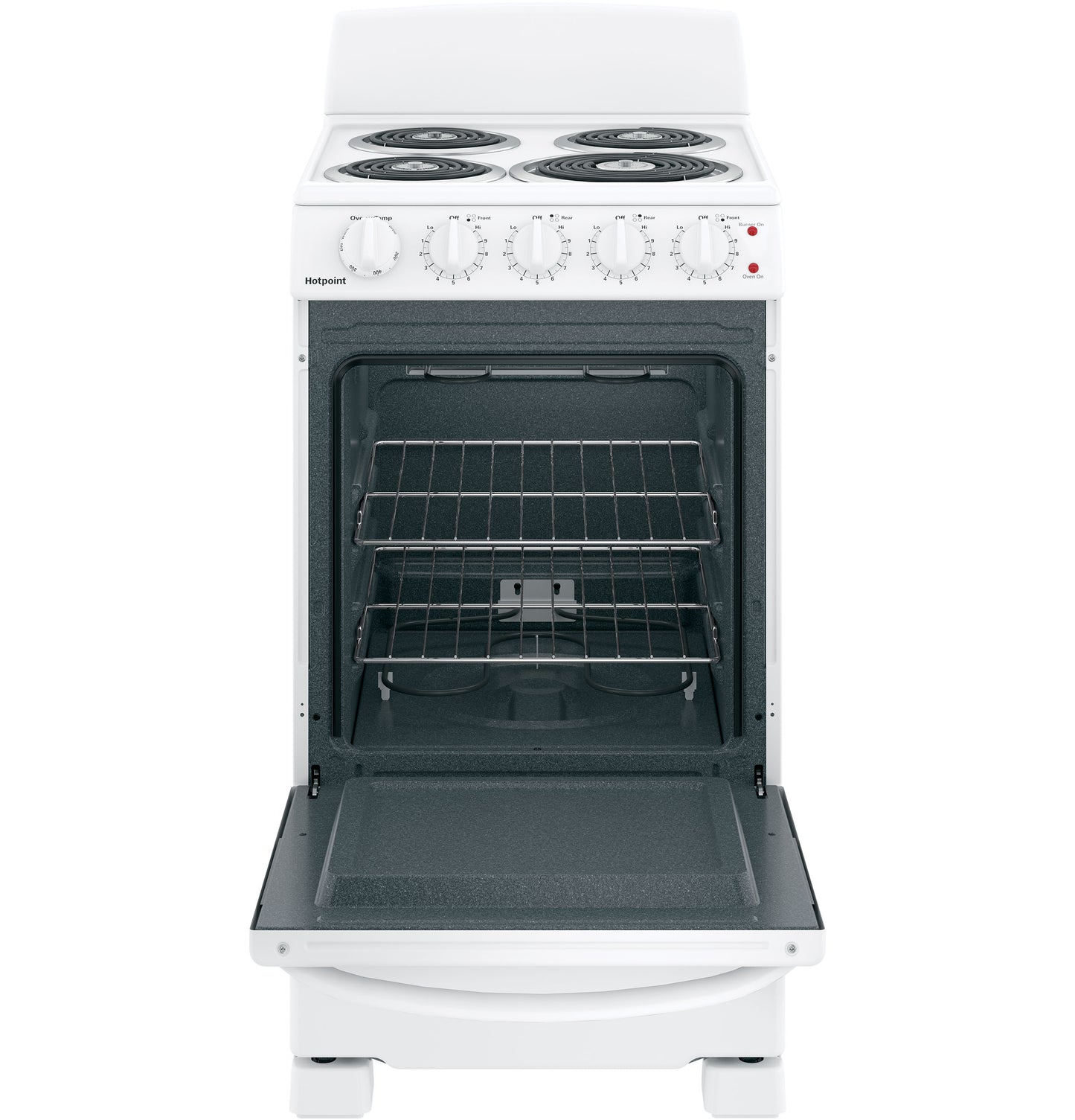 20" white electric free-standing range with front controls, four coil burners, and open oven showing two racks in kitchen appliances collection