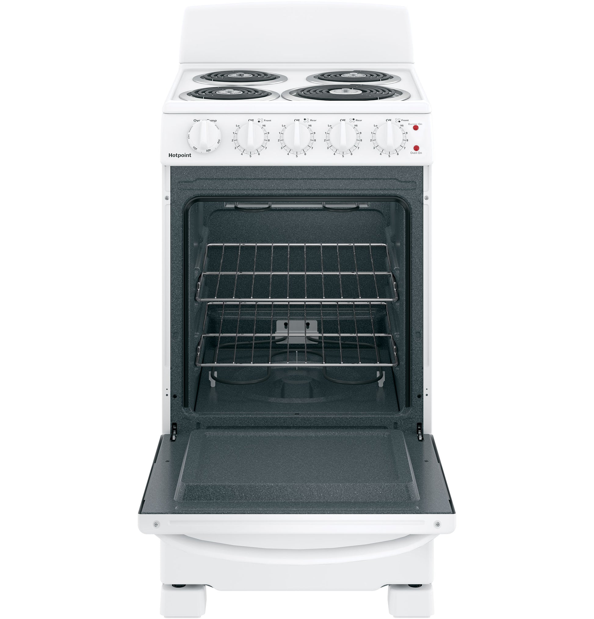 20" white electric free-standing range with front controls, four coil burners, and open oven showing two racks in kitchen appliances collection