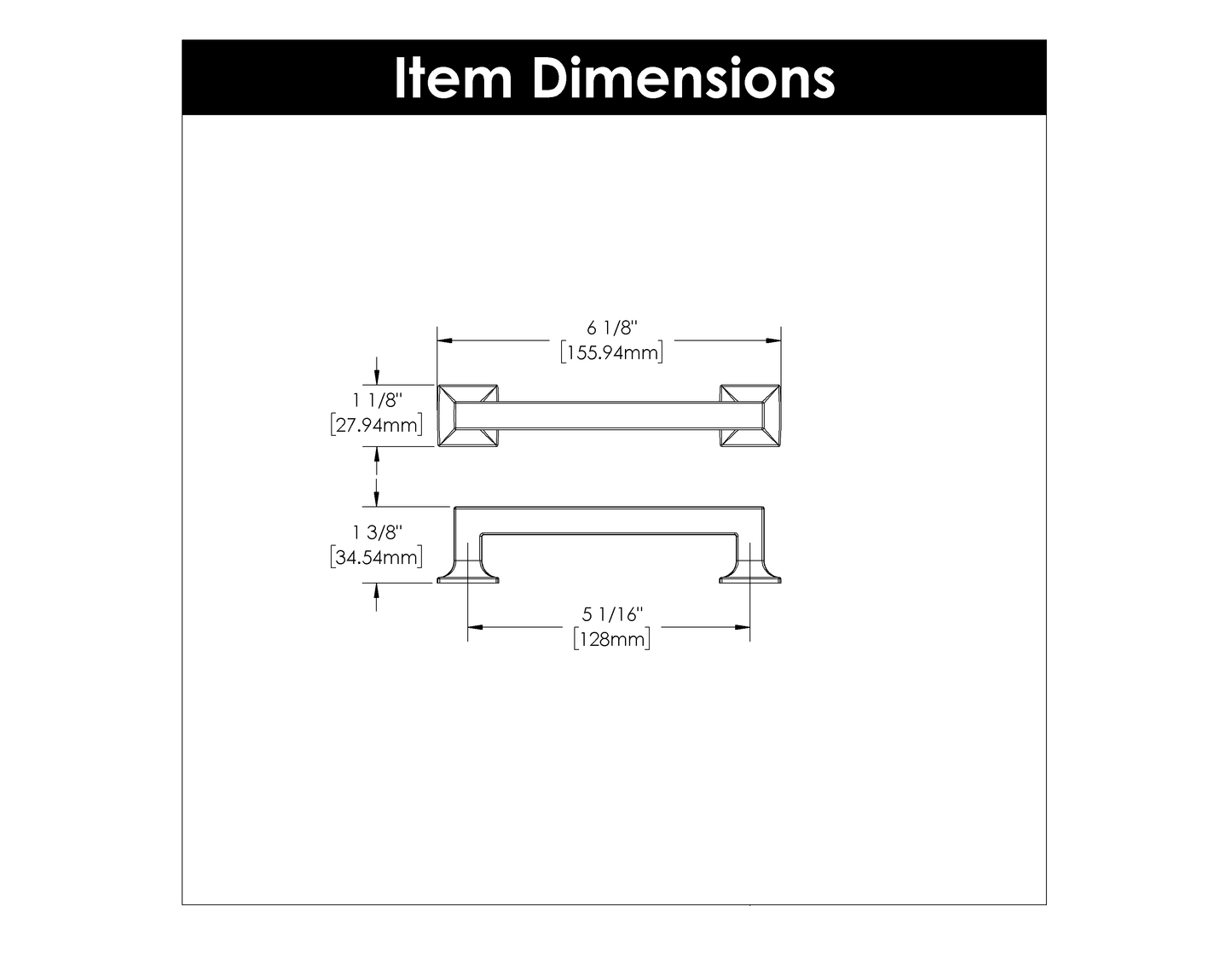Technical drawing showing dimensions for a furniture pull in hardware and cabinet accessory collections.