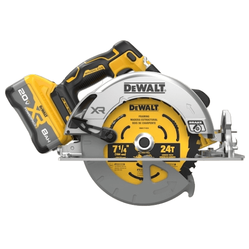 Yellow and black cordless 7-1/4-inch circular saw with brushless motor and XR POWERPACK battery for home improvement tasks