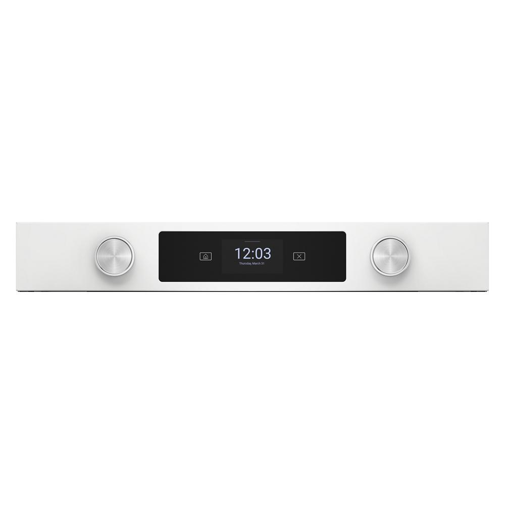 Stainless steel control panel with LED touchscreen flanked by two silver backlit control knobs for kitchen appliance use