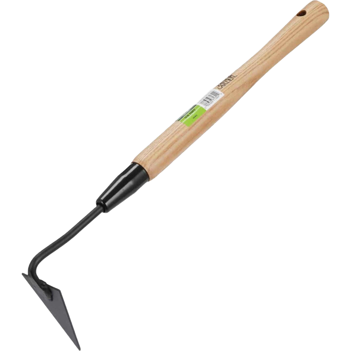 Garden hoe with a smooth wooden handle and pointed black metal blade for precise gardening and home improvement tasks