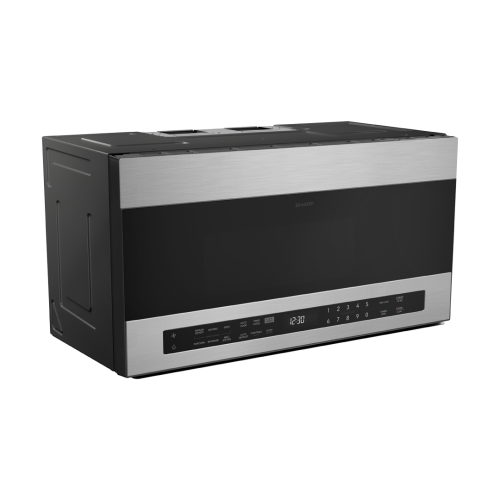 Stainless steel smart over-the-range microwave with black glass front and digital control panel in Microwaves and Appliances collections