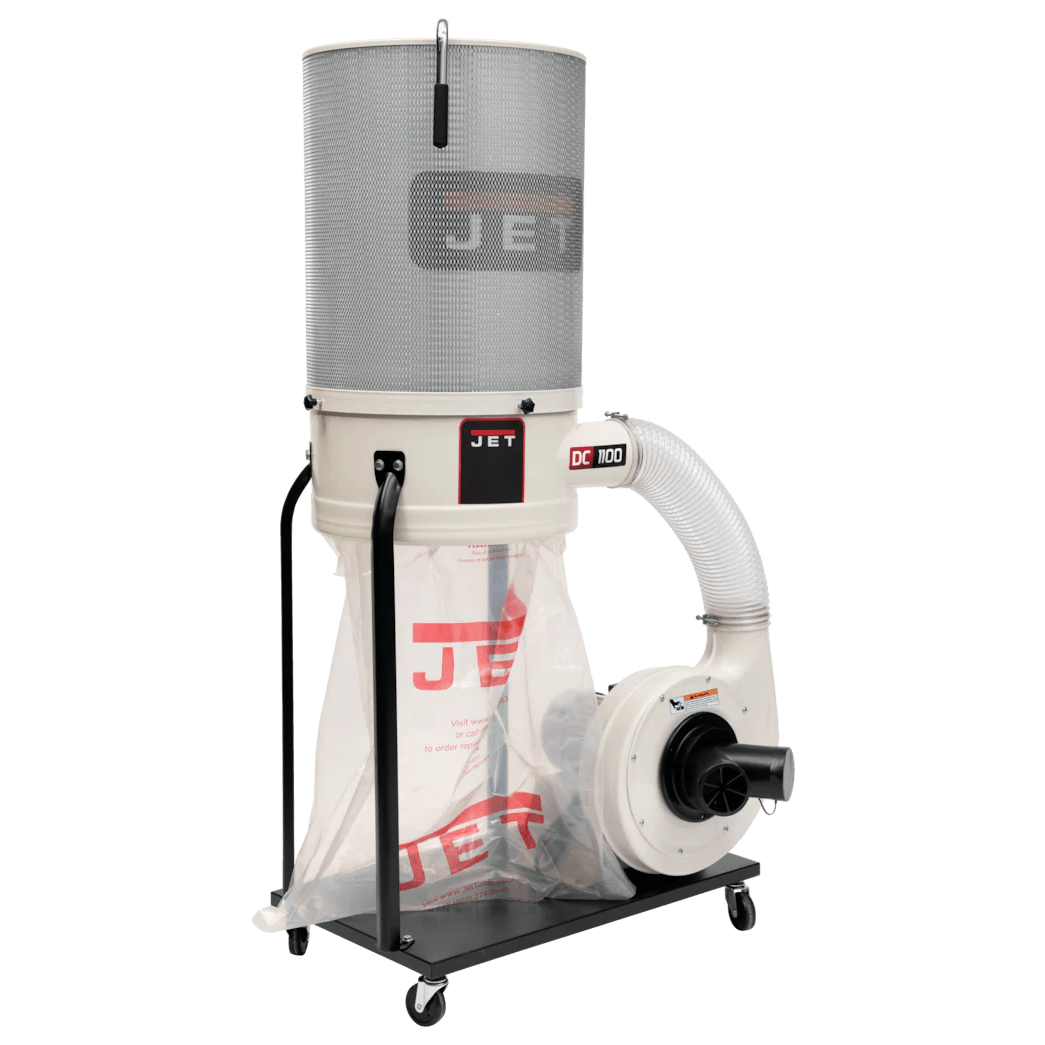 Compact dust collector with canister filtration, wheeled base, and flexible hose for workshop dust control and home improvement tasks