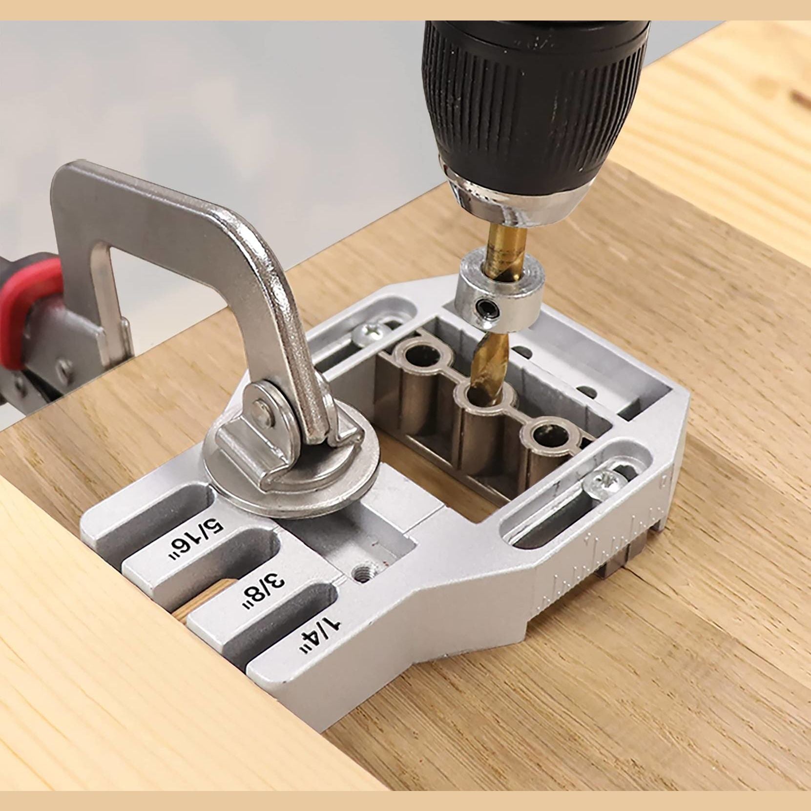 Self-clamping doweling jig with drill guide and metal clamp for precise wood joint alignment in home improvement projects