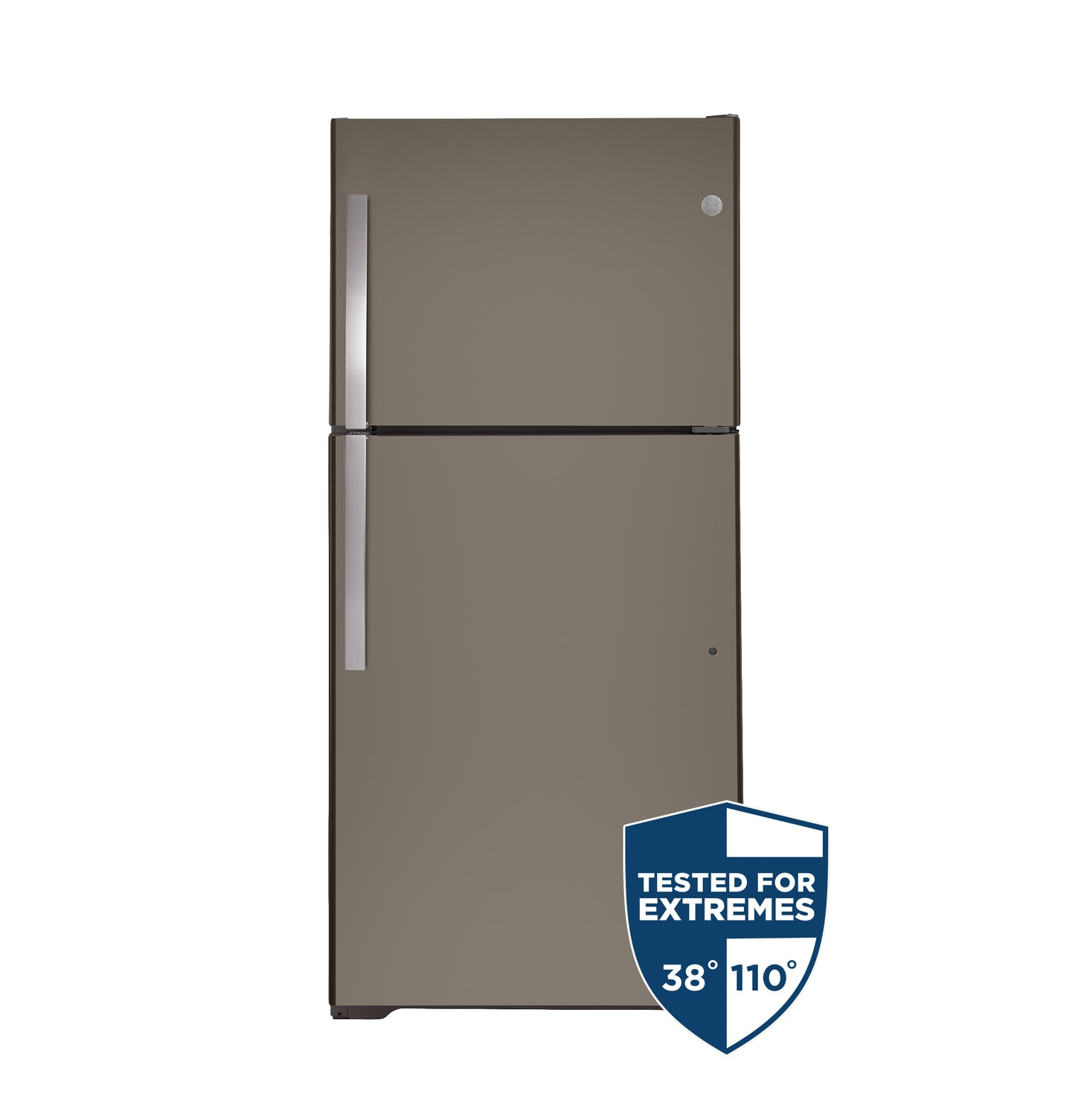Garage ready top-freezer refrigerator in matte gray finish with sleek handles and tested for extreme temperatures badge