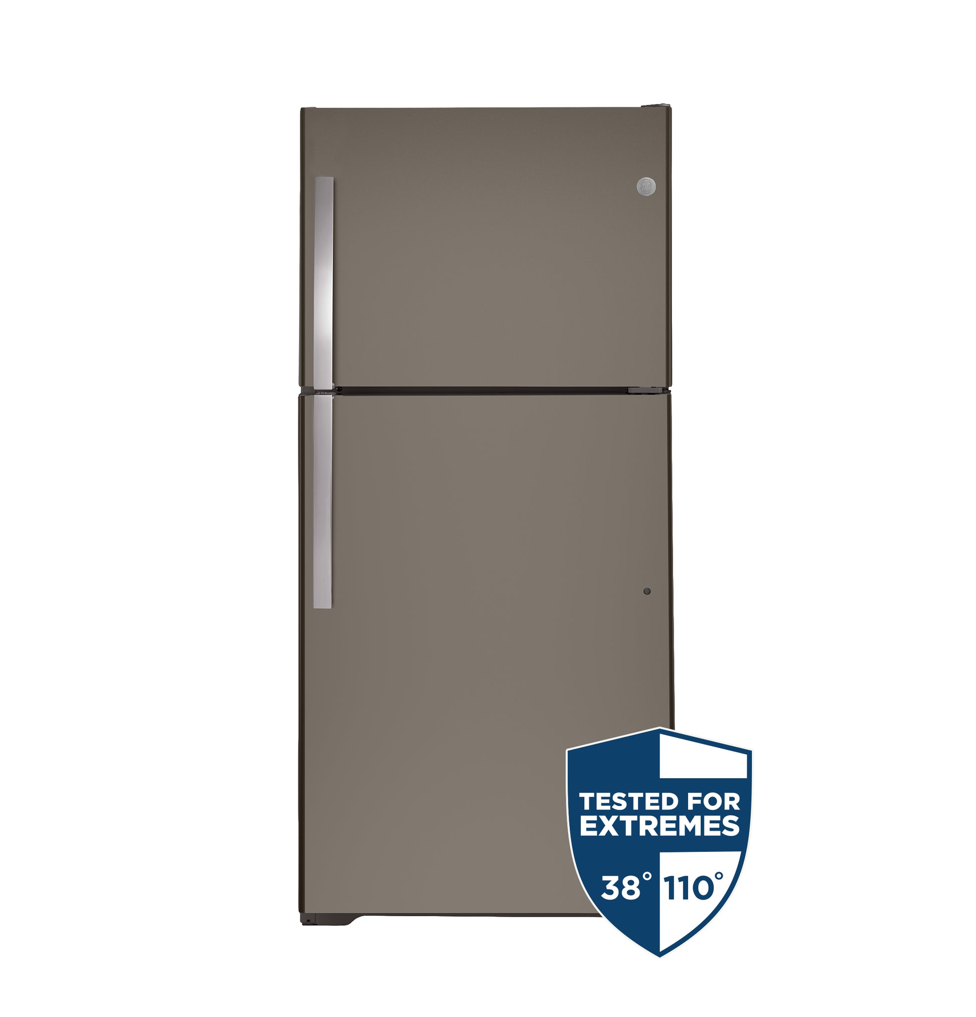Garage ready top-freezer refrigerator in matte gray finish with sleek handles and tested for extreme temperatures badge