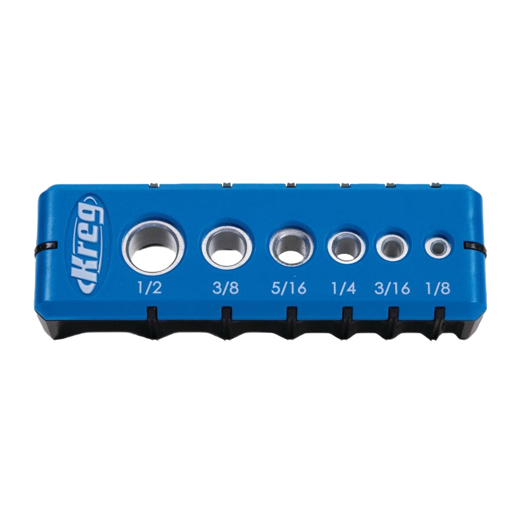 Blue Kreg drilling guide with six hardened steel drill guides for precise hole drilling in tool accessories and power tool collections