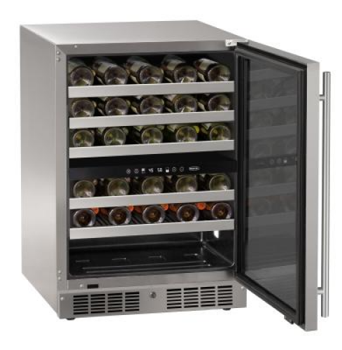 Stainless steel 24 inch dual-zone wine refrigerator with glass door, digital controls, and stocked wine bottles in appliances collection