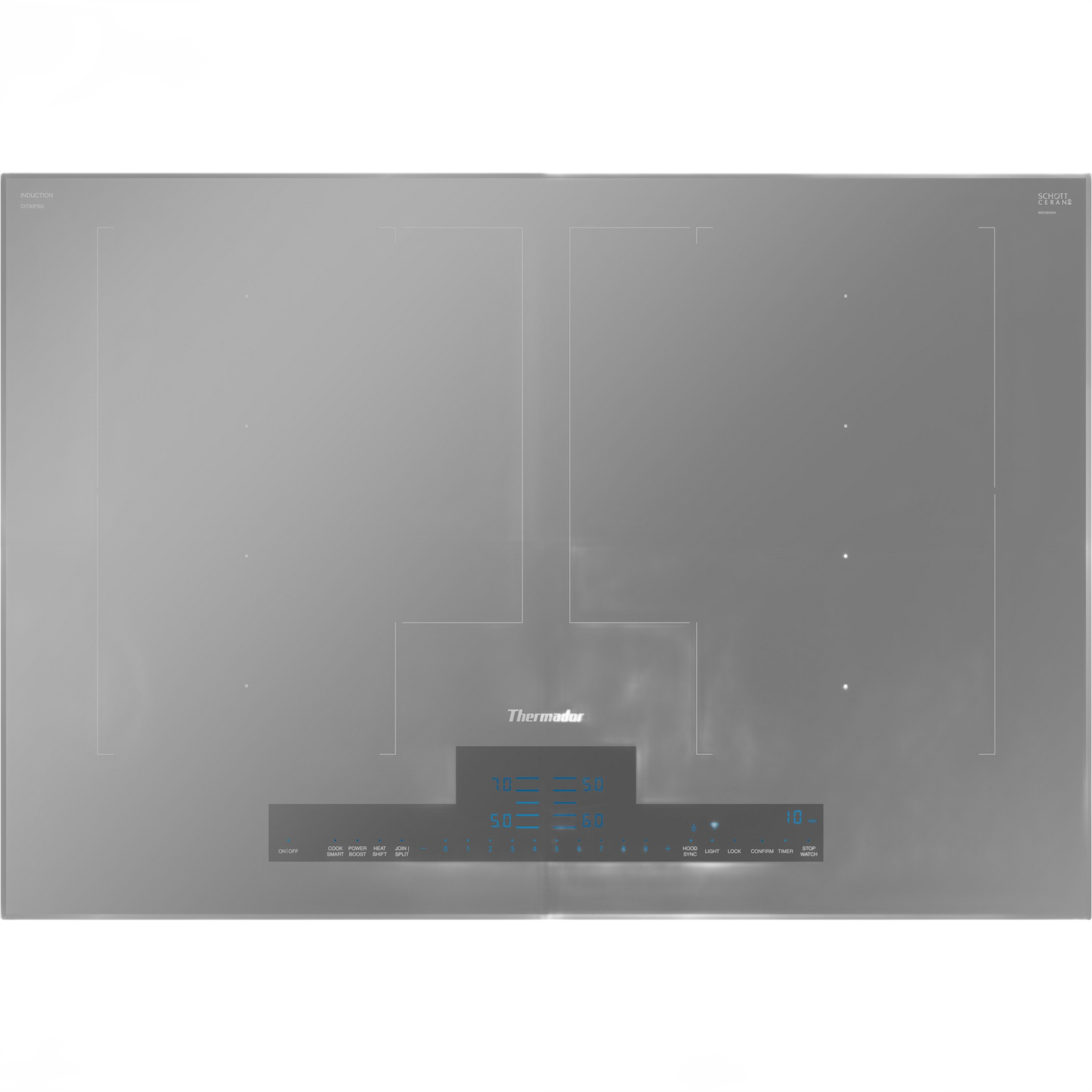 Titanium gray induction cooktop with digital touch controls, part of Thermador cooktops and kitchen appliances collection